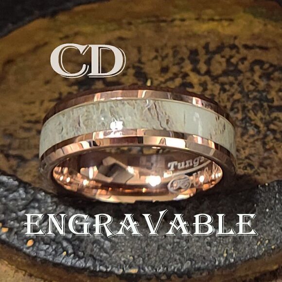Engraved Men's Real Rose Gold Tungsten Wedding Ring -  Deer Antler Inlay 14K RG - Picture 1 of 7